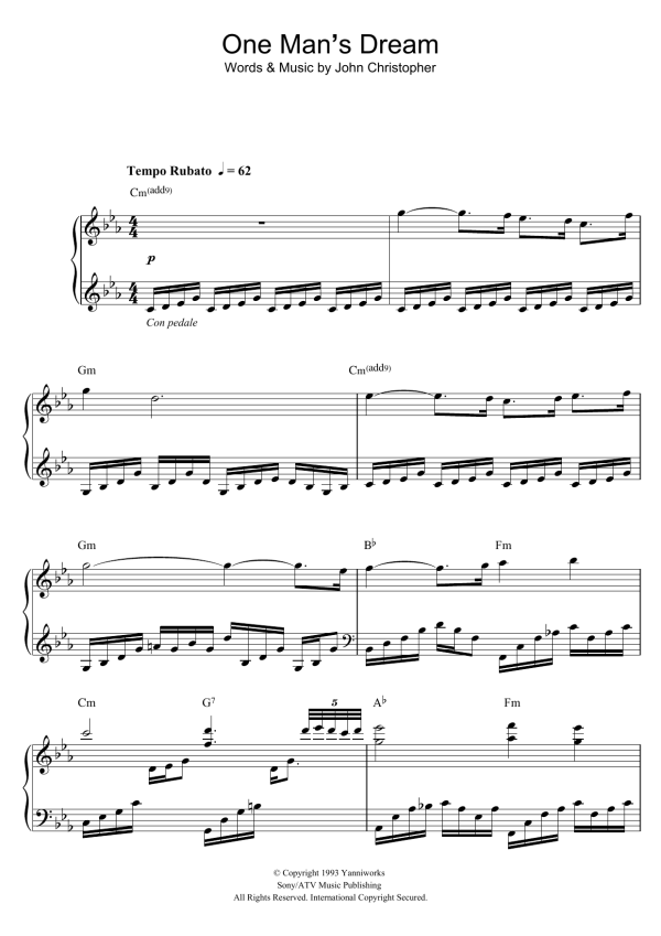 Yanni One Man's Dream Musik Noten - Piano, Vocal & Guitar Chords - 118651-0