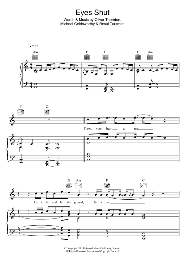 Years & Years Eyes Shut Musik Noten - Piano, Vocal & Guitar Chords - 121722-0