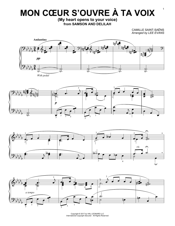 Camille Saint-Saëns Mon Coeur S'ouvre A Ta Voix (arr. Lee Evans) Musik Noten - Piano Solo - 180101-0