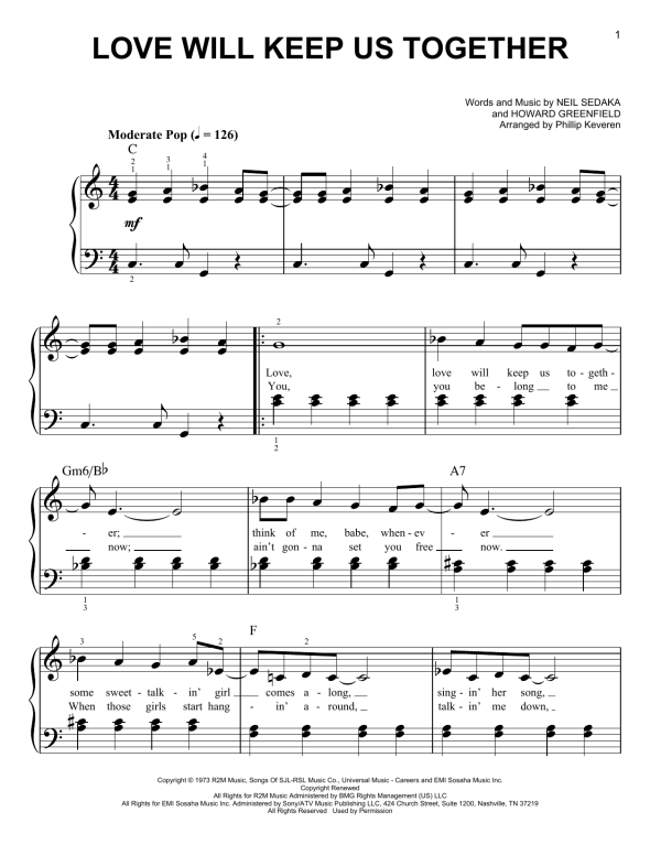 Captain & Tennille Love Will Keep Us Together (arr. Phillip Keveren) Musik Noten - Easy Piano - 179749-0