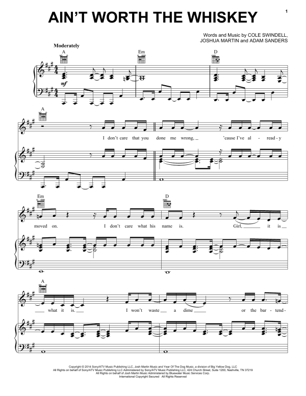 Cole Swindell Ain't Worth The Whiskey Musik Noten - Piano, Vocal & Guitar Chords - 158707-0
