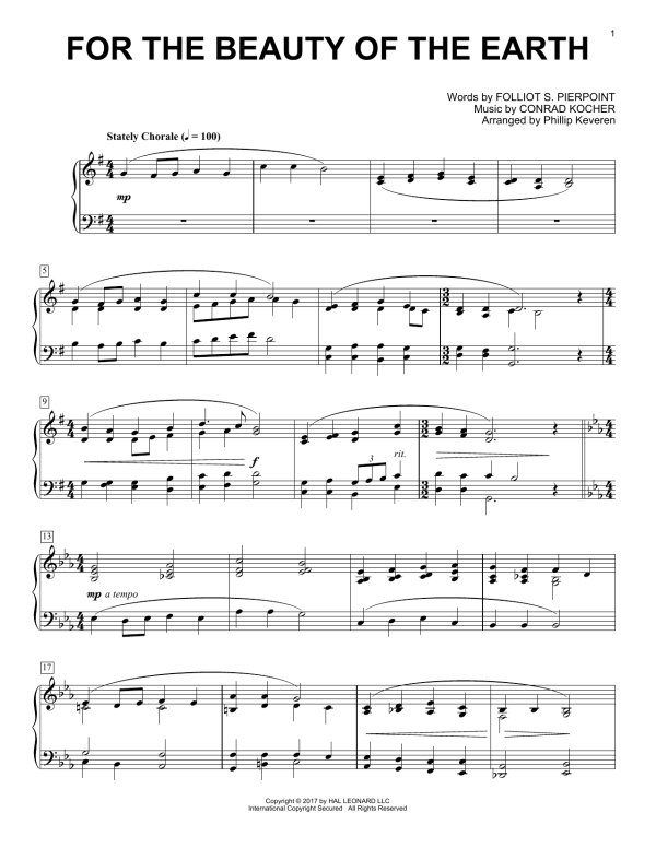 Conrad Kocher For The Beauty Of The Earth (arr. Phillip Keveren) Musik Noten - Piano Solo - 180283-0