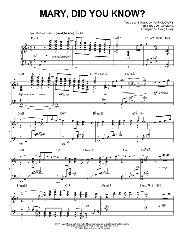 Craig Curry Mary, Did You Know? Musik Noten - Piano Solo - 176882-0