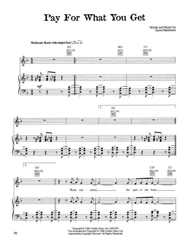 Dave Matthews Band Pay For What You Get Musik Noten - Piano, Vocal & Guitar Chords - 166137-0