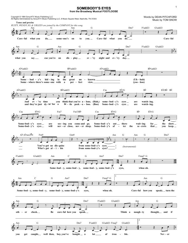 Dean Pitchford Somebody's Eyes Musik Noten - Lead Sheet / Fake Book - 85451-0