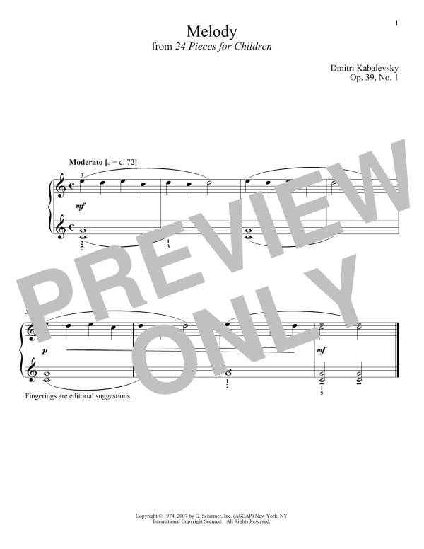 Dmitri Kabalevsky Melody, Op. 39, No. 1 Musik Noten - Piano Solo - 180148-0