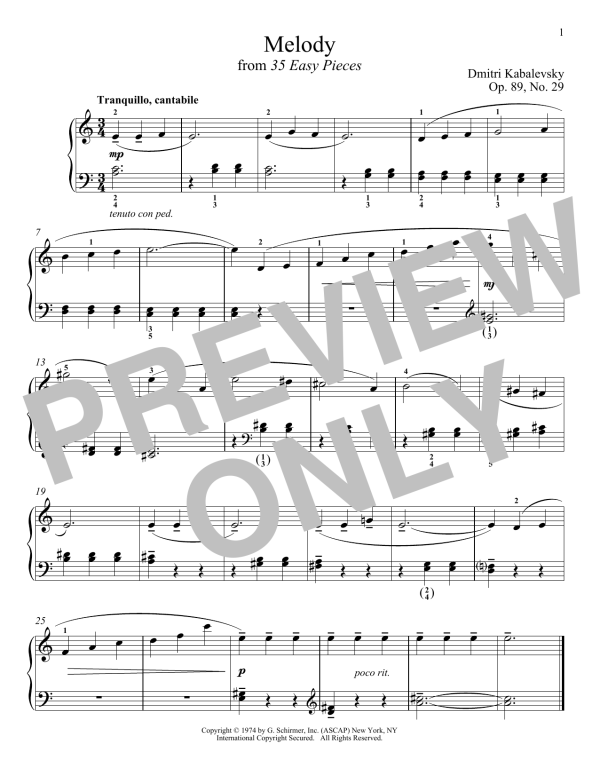Dmitri Kabalevsky Melody, Op. 89, No. 29 Musik Noten - Piano Solo - 180262-0