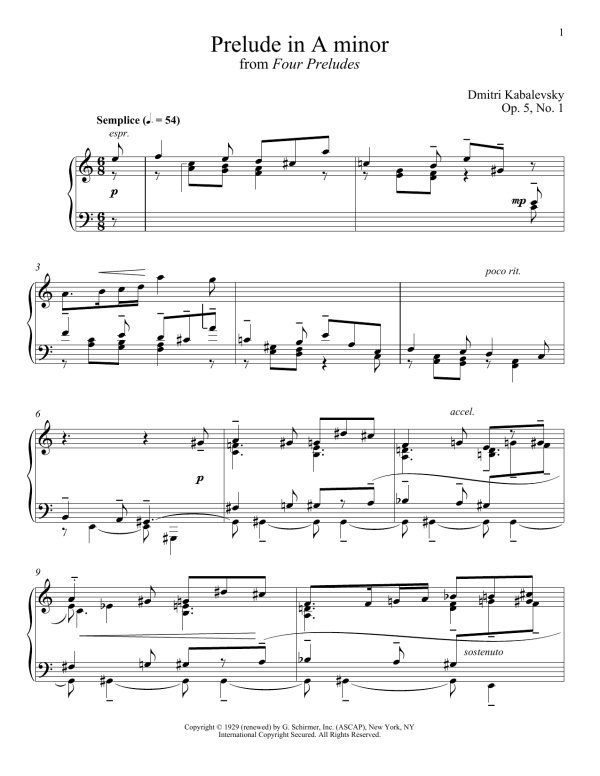 Dmitri Kabalevsky Prelude In A Minor, Op. 5, No. 1 Musik Noten - Piano Solo - 180257-0