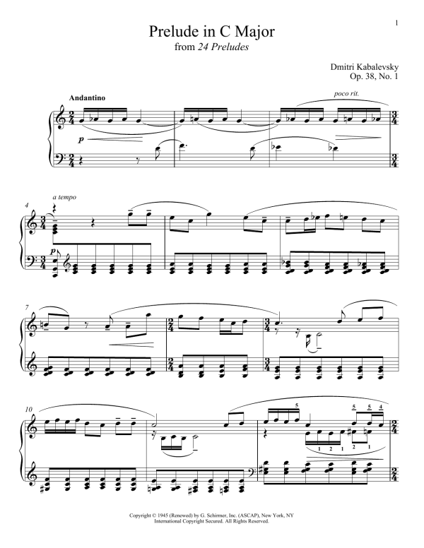 Dmitri Kabalevsky Prelude In C Major, Op. 38, No. 1 Musik Noten - Piano Solo - 180254-0
