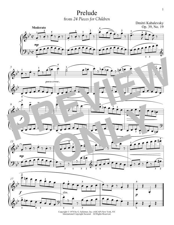 Dmitri Kabalevsky Prelude, Op. 39, No. 19 Musik Noten - Piano Solo - 180247-0