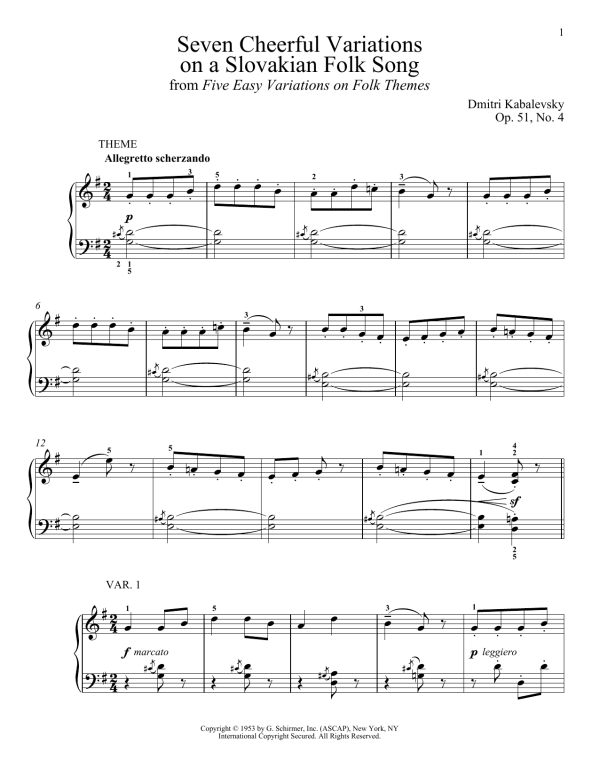 Dmitri Kabalevsky Seven Cheerful Variations On A Slovakian Folk Song, Op. 51, No. 4 Musik Noten - Piano Solo - 180085-0