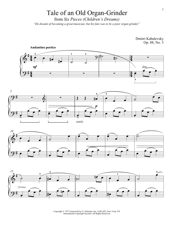 Dmitri Kabalevsky Tale Of An Old Organ-Grinder, Op. 88, No. 3 Musik Noten - Piano Solo - 180261-0