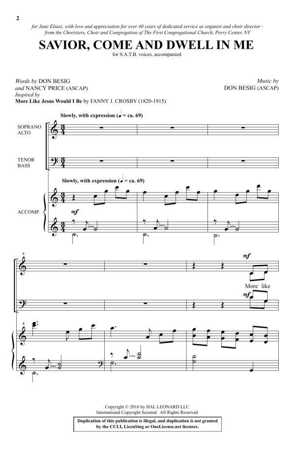 Don Besig Savior, Come And Dwell In Me Musik Noten - SATB Choir - 176055-0