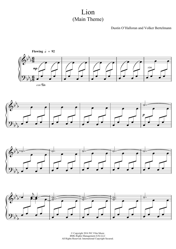 Dustin O'Halloran Main Theme (from Lion) Musik Noten - Piano Solo - 124134-0