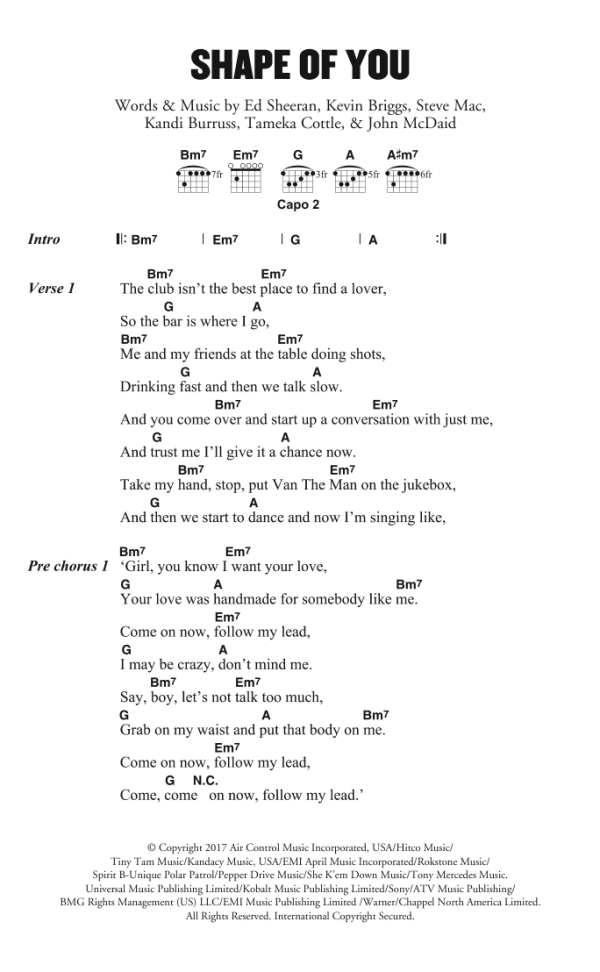 Ed Sheeran Shape Of You Musik Noten - Guitar Chords/Lyrics - 178681-0