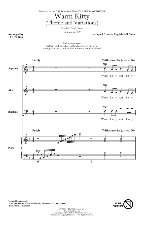 Edith Newlin Warm Kitty (arr. Janet Day) Musik Noten - SAB Choir - 172041-0