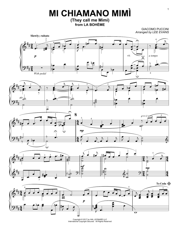 Giacomo Puccini Me Chiamano Mimi (arr. Lee Evans) Musik Noten - Piano Solo - 180106-0