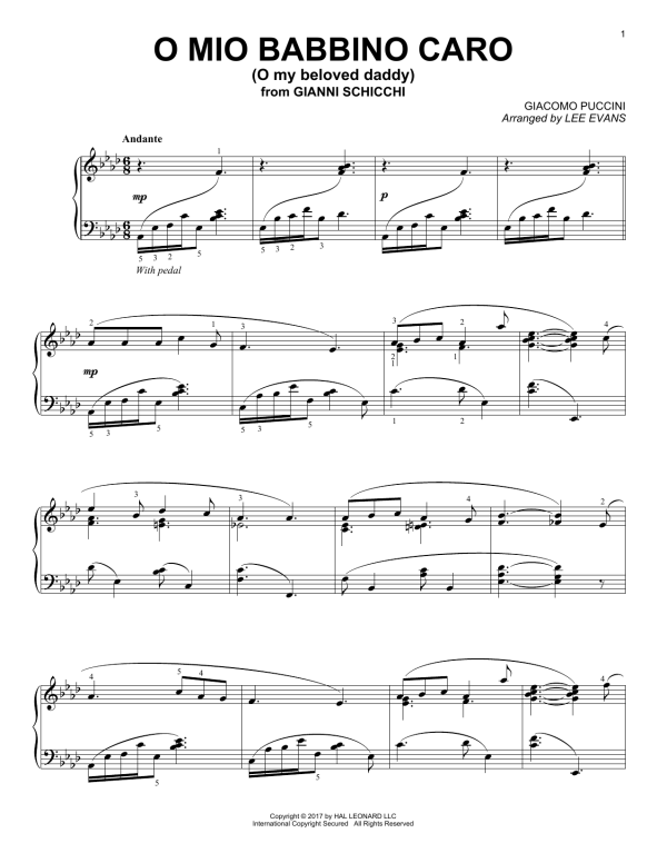 Giacomo Puccini O Mio Babbino Caro (arr. Lee Evans) Musik Noten - Piano Solo - 180105-0