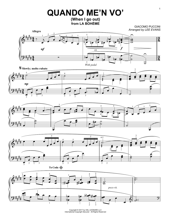 Giacomo Puccini Quando Men Vo (arr. Lee Evans) Musik Noten - Piano Solo - 180116-0