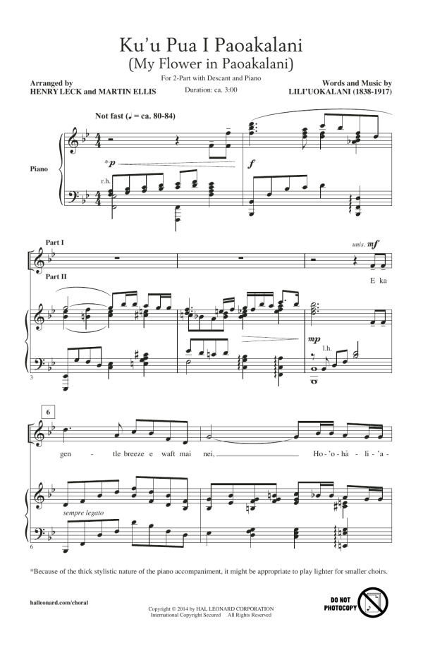 Henry Leck Ku'u Pua I Paoakalani Musik Noten - 2-Part Choir - 152652-0