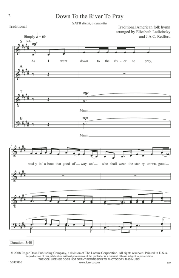 J.A.C. Redford Down To The River To Pray Musik Noten - SATB Choir - 180136-0