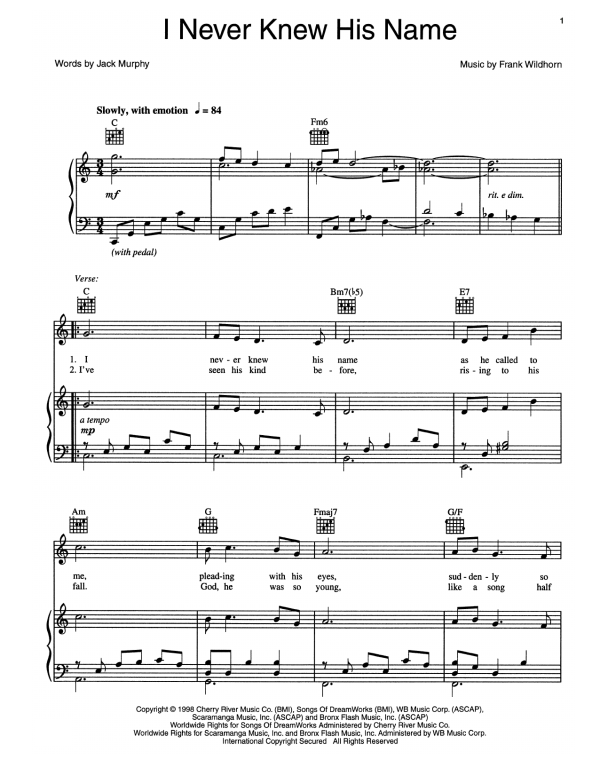 Jack Murphy I Never Knew His Name Musik Noten - Piano, Vocal & Guitar Chords - 159009-0