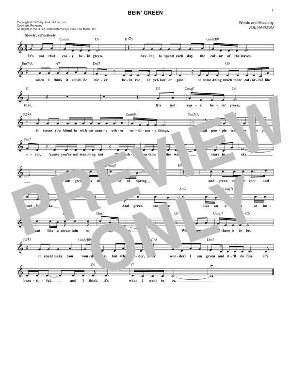 Joe Raposo Bein' Green Musik Noten - Lead Sheet / Fake Book - 180219-0