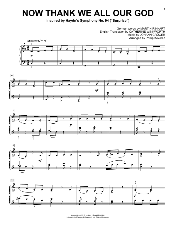 Martin Rinkart Now Thank We All Our God (arr. Phillip Keveren) Musik Noten - Piano Solo - 180278-0