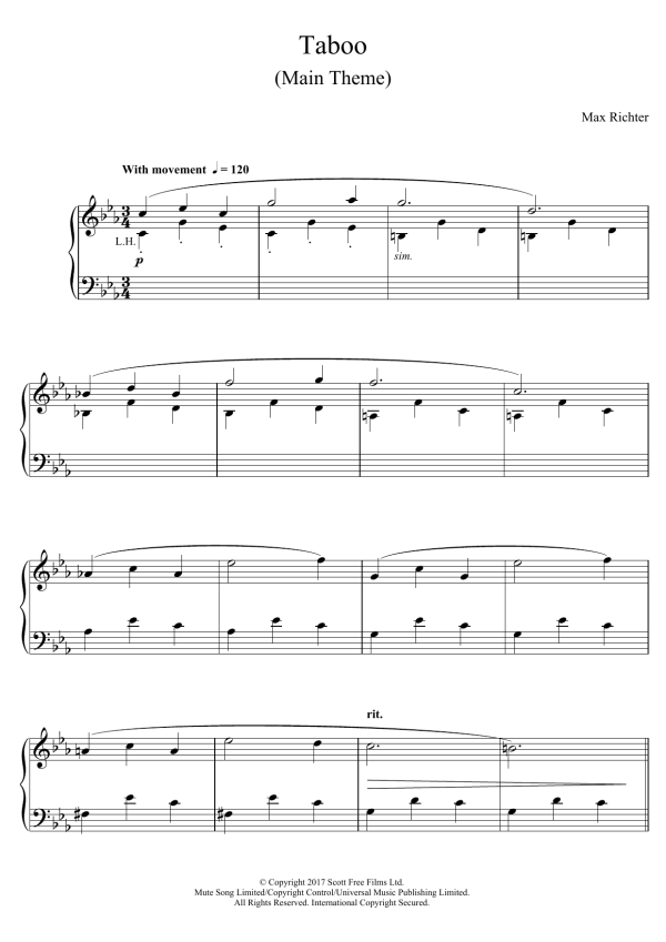 Max Richter Taboo (Main Theme) Musik Noten - Piano Solo - 124119-0