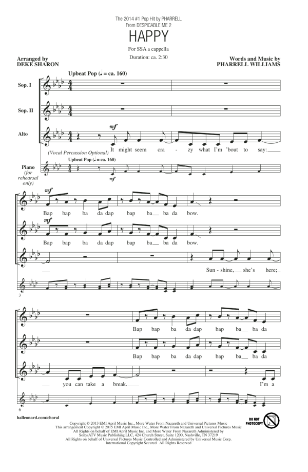 Pharrell Williams Happy (arr. Deke Sharon) Musik Noten - SSA Choir - 158670-0