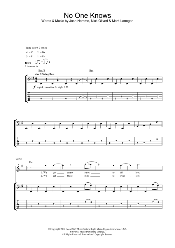 Queens Of The Stone Age No One Knows Musik Noten - Guitar Cheat Sheet - 172408-0
