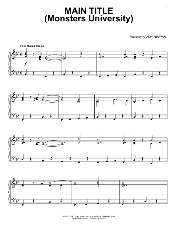 Randy Newman Main Title (Monsters University) Musik Noten - Piano Solo - 99673-0