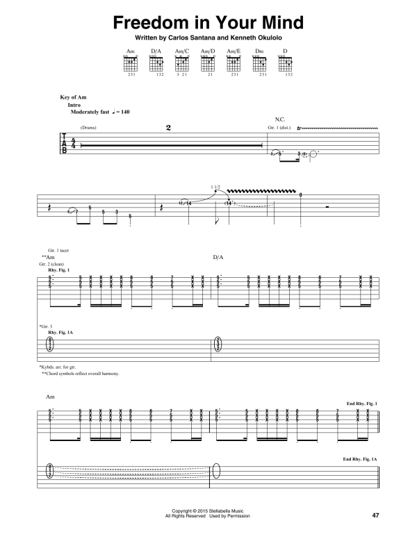 Santana Freedom In Your Mind Musik Noten - Guitar Rhythm Tab - 172530-0