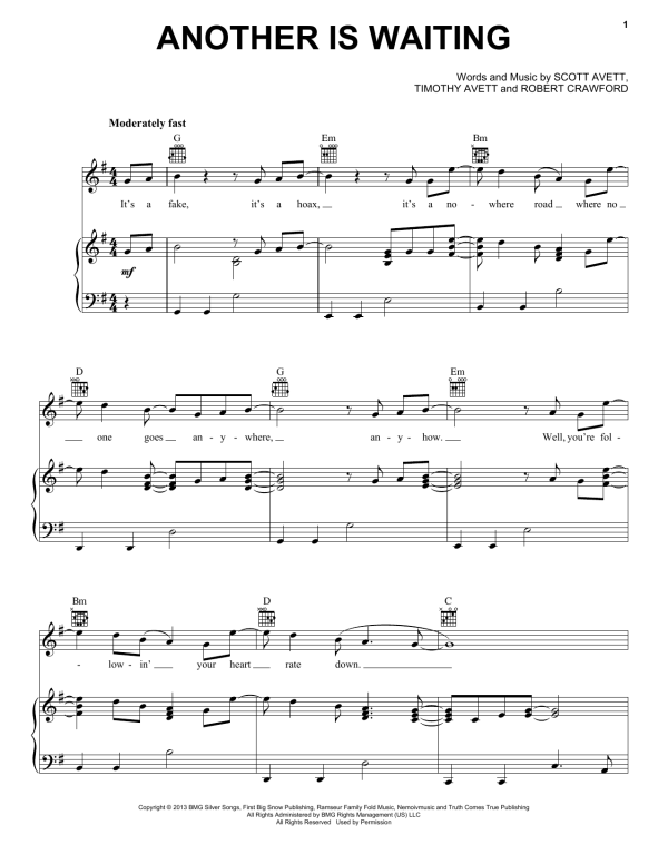 The Avett Brothers Another Is Waiting Musik Noten - Piano, Vocal & Guitar Chords - 158153-0