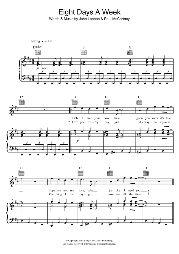 The Beatles Eight Days A Week Musik Noten - Easy Lead Sheet / Fake Book - 179693-0