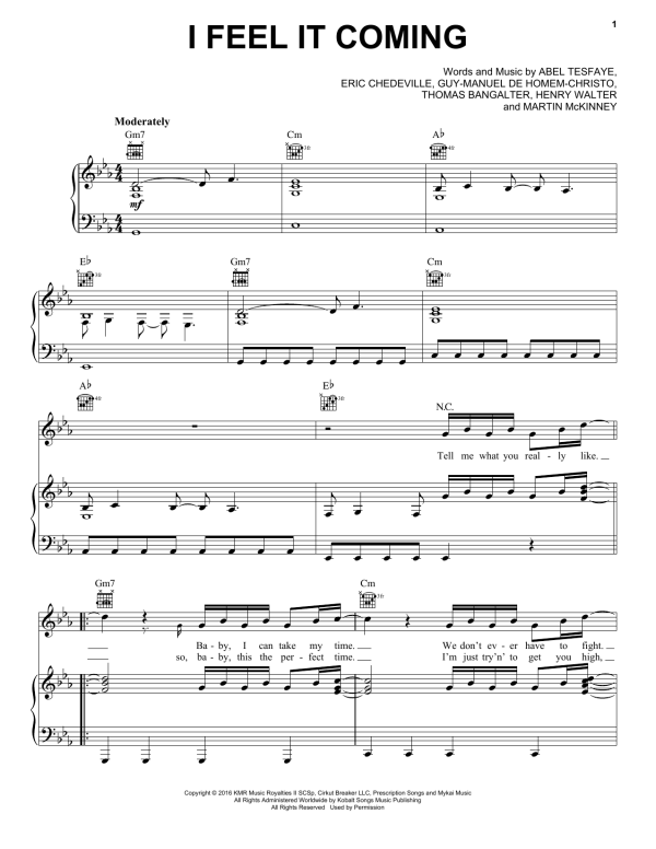 The Weeknd I Feel It Coming Musik Noten - Piano, Vocal & Guitar Chords - 180222-0