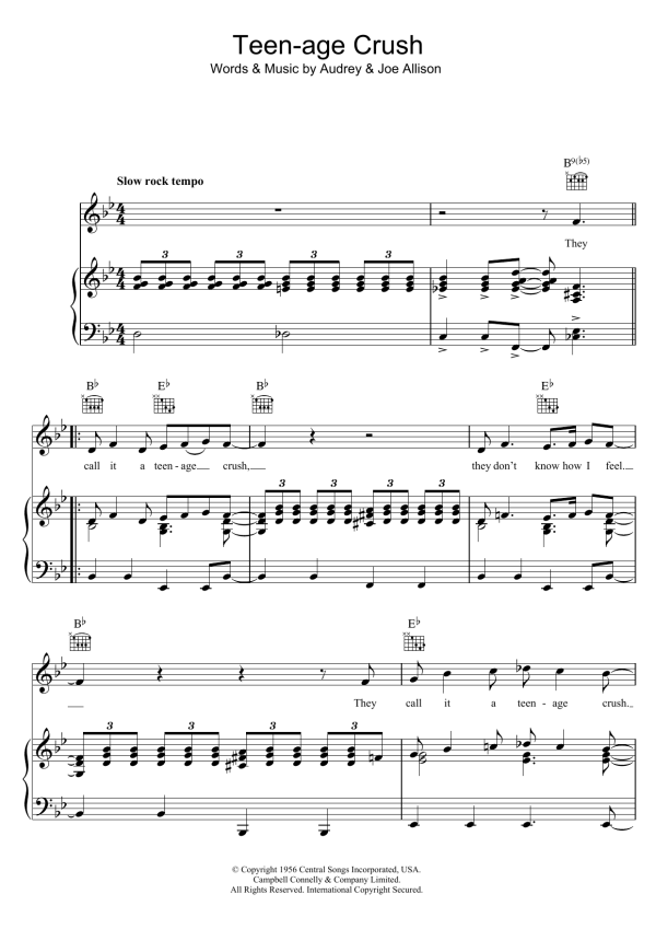 Tommie Sands Teen-Age Crush Musik Noten - Piano, Vocal & Guitar Chords - 124121-0