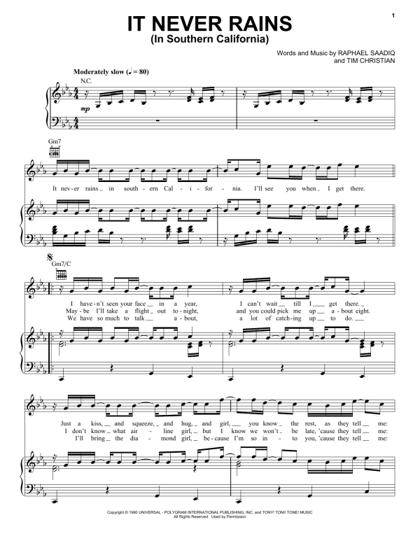 Tony! Toni! Tone! It Never Rains (In Southern California) Musik Noten - Piano, Vocal & Guitar Chords - 158984-0