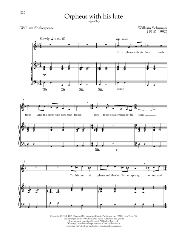 William Schuman Orpheus With His Lute Musik Noten - Piano & Vocal - 161604-0