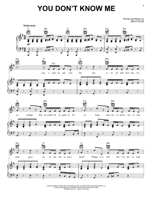 Ben Folds Five You Don't Know Me Musik Noten - Piano, Vocal & Guitar Chords - 158708-0