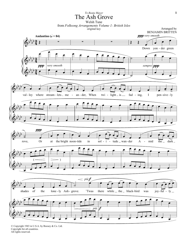 Benjamin Britten The Ash Grove Musik Noten - Piano & Vocal - 93252-0