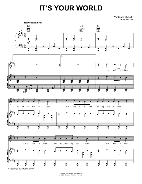 Bob Seger It's Your World Musik Noten - Piano, Vocal & Guitar Chords - 158715-0