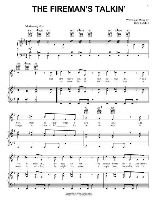 Bob Seger The Fireman's Talkin' Musik Noten - Piano, Vocal & Guitar Chords - 158712-0