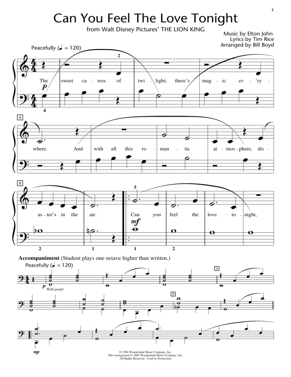 Elton John Can You Feel The Love Tonight (from The Lion King) (arr. Bill Boyd) Musik Noten - Educational Piano - 180355-0