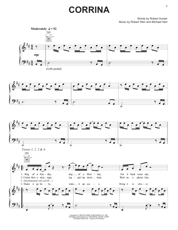 Grateful Dead Corrina Musik Noten - Piano, Vocal & Guitar Chords - 160451-0