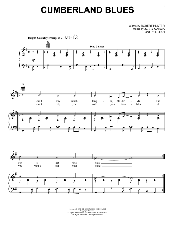 Grateful Dead Cumberland Blues Musik Noten - Piano, Vocal & Guitar Chords - 159498-0