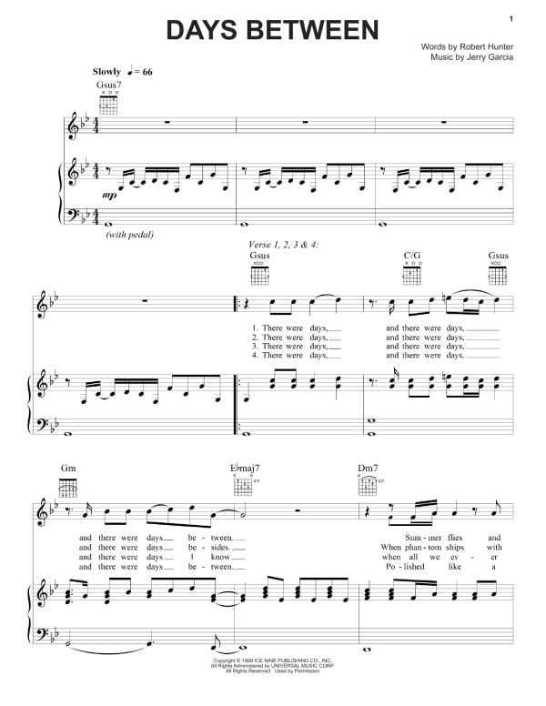 Grateful Dead Days Between Musik Noten - Piano, Vocal & Guitar Chords - 160439-0