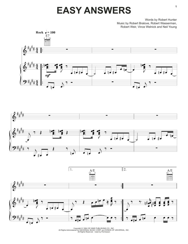 Grateful Dead Easy Answers Musik Noten - Piano, Vocal & Guitar Chords - 160443-0