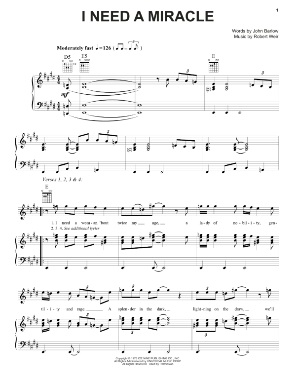 Grateful Dead I Need A Miracle Musik Noten - Piano, Vocal & Guitar Chords - 160460-0