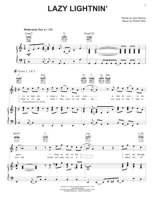 Grateful Dead Lazy Lightnin' Musik Noten - Piano, Vocal & Guitar Chords - 160474-0